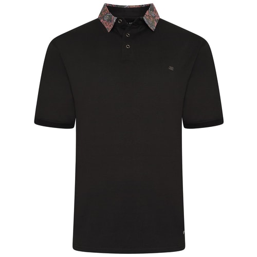 KAM Jersey Polo With Floral Collar Black